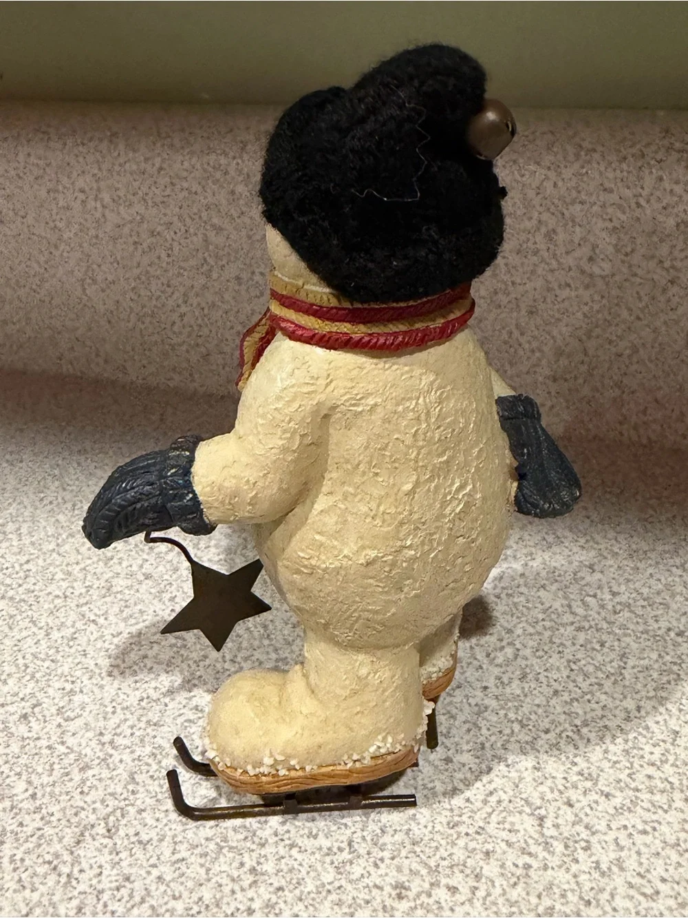 Handcrafted Cream Snowman Figurine with Black Hat and Red Scarf